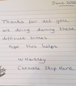 Thank you note from Cheadle Skip Hire to the Foodbank 